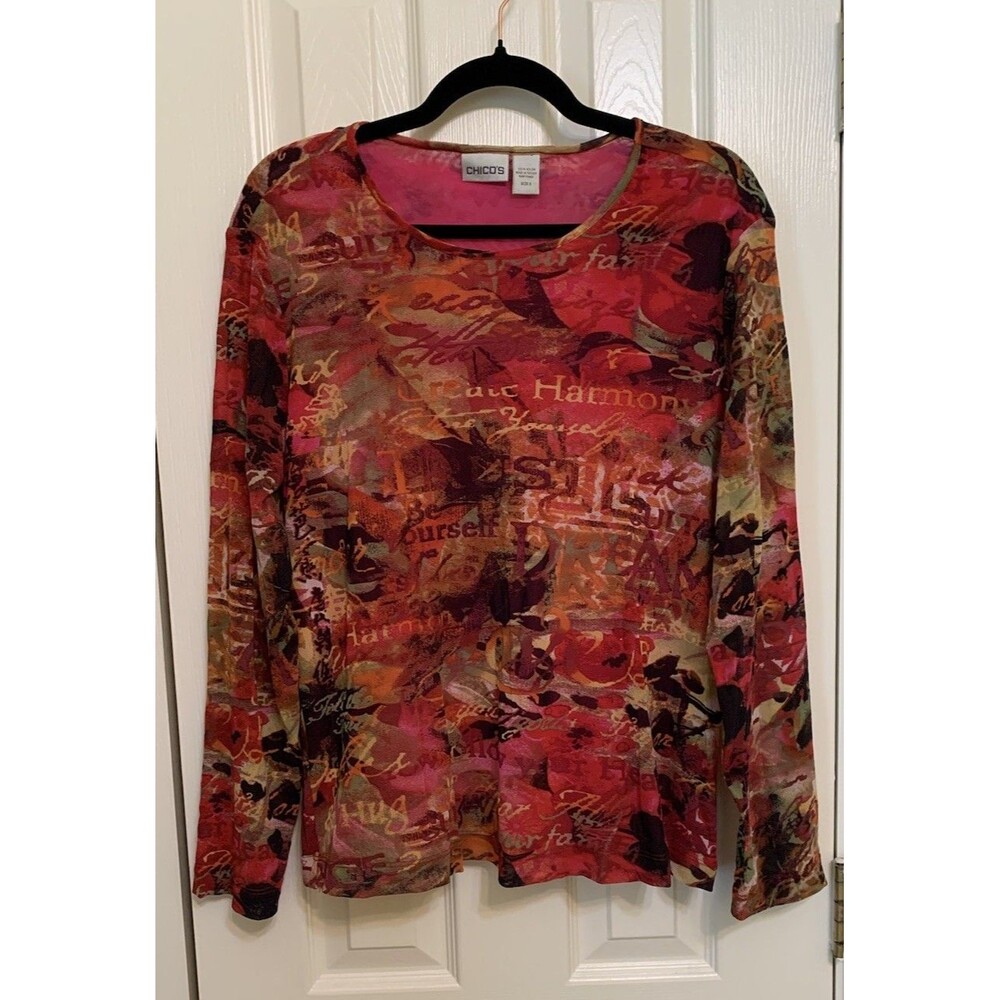 Chicos Size3 Womens XL Top Colorful Long Sleeve Artistic Stretch